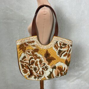 Anthropologie Aimee Gold Yellow Floral Embroidered Beaded Tote Bag NWOT